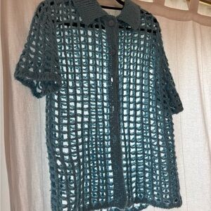 Hand-Knit Blue Crochet Button-Up Top/Cardigan